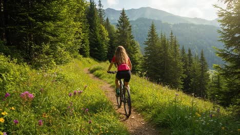 a vibrant mountain biking journey through lush green trails filled with wildflowers, showcasing the beauty of nature and adventure in the great outdoors