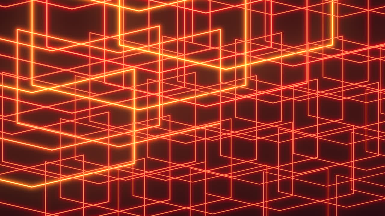 An optical illusion of a 3D cube created by overlapping red and orange lines in a striking pattern, giving the impression of depth and dynamic movement
