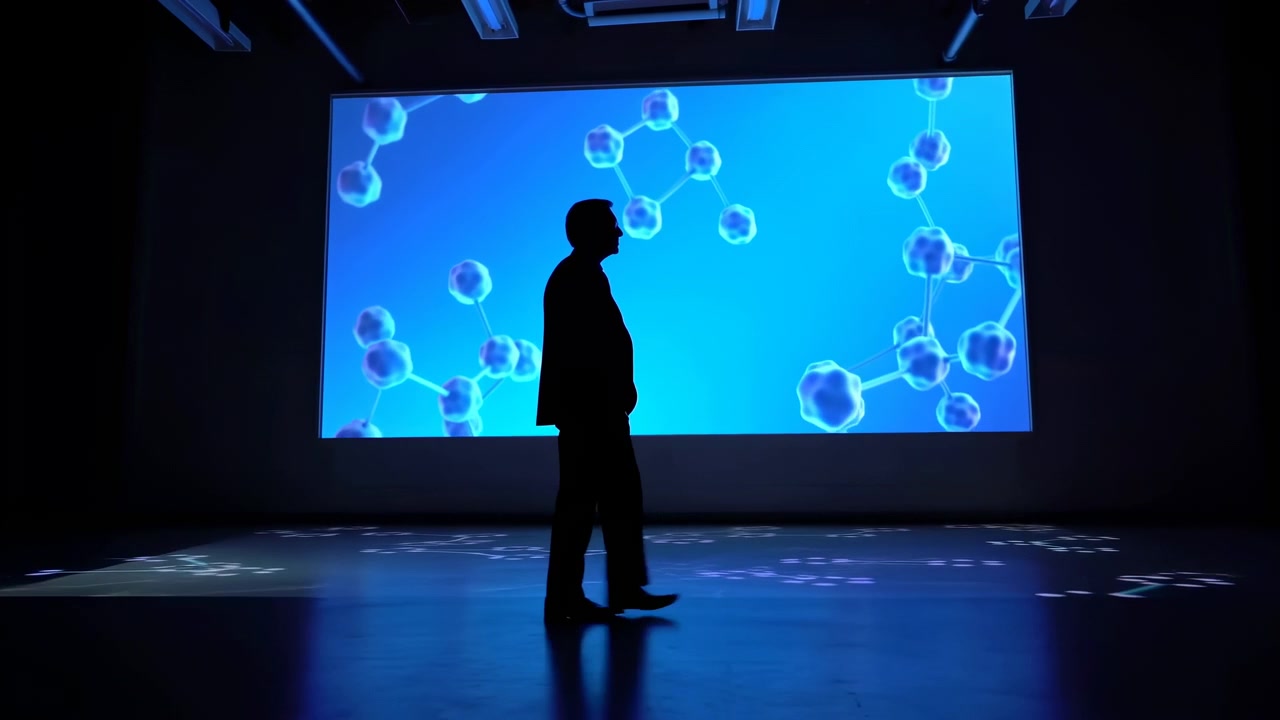 Un ambiente di galleria scuro mostra una persona in silhouette che si muove su un pavimento riflettente mentre uno schermo blu brillante mostra forme molecolari dietro la figura con forte contrasto e una composizione spaziosa.