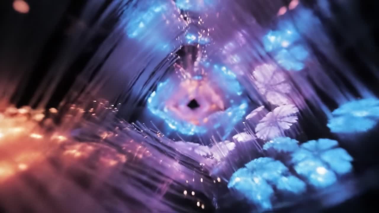 Bright lights and colorful patterns flow through a mesmerizing tunnel, creating an enchanting experience. This captivating art installation invites exploration and wonder in an imaginative space.