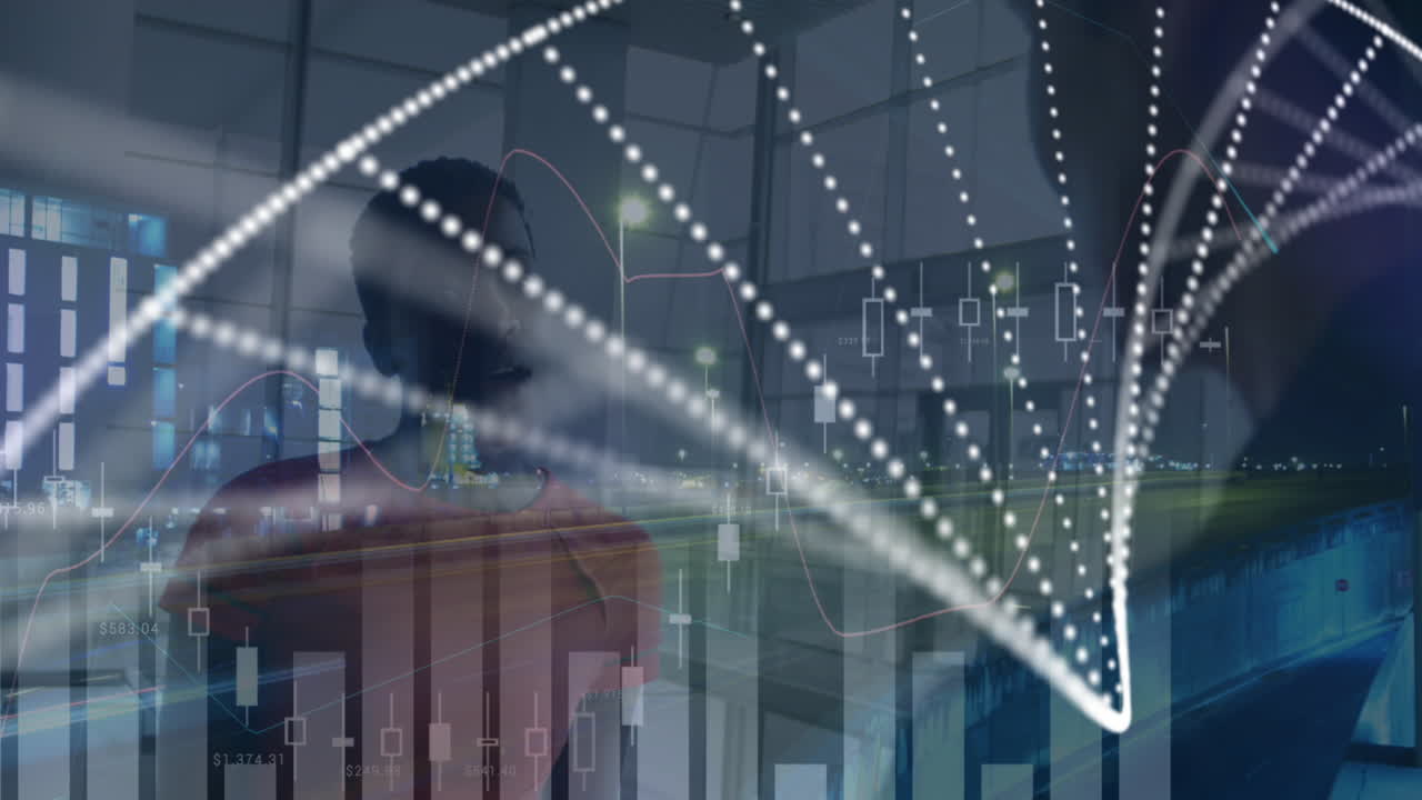 데이터 처리 및 도시 풍경의 애니메이션 다양한 사업가들이 사무실에서 대화하고 있습니다.