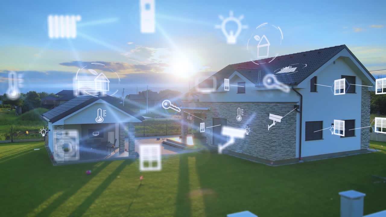 스마트, 현대적인 집 앞에 있는 스마트 홈 네트워크와 다양한 컨트롤 아이콘