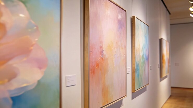 Telecamera che segue da vicino un dipinto floreale lungo la parete della galleria, mostrando arte pastello dorata ed etichette