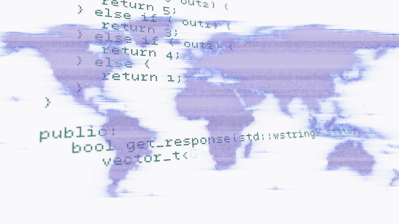 Animation starting with purple map centered while green code scrolling, showing functions and data