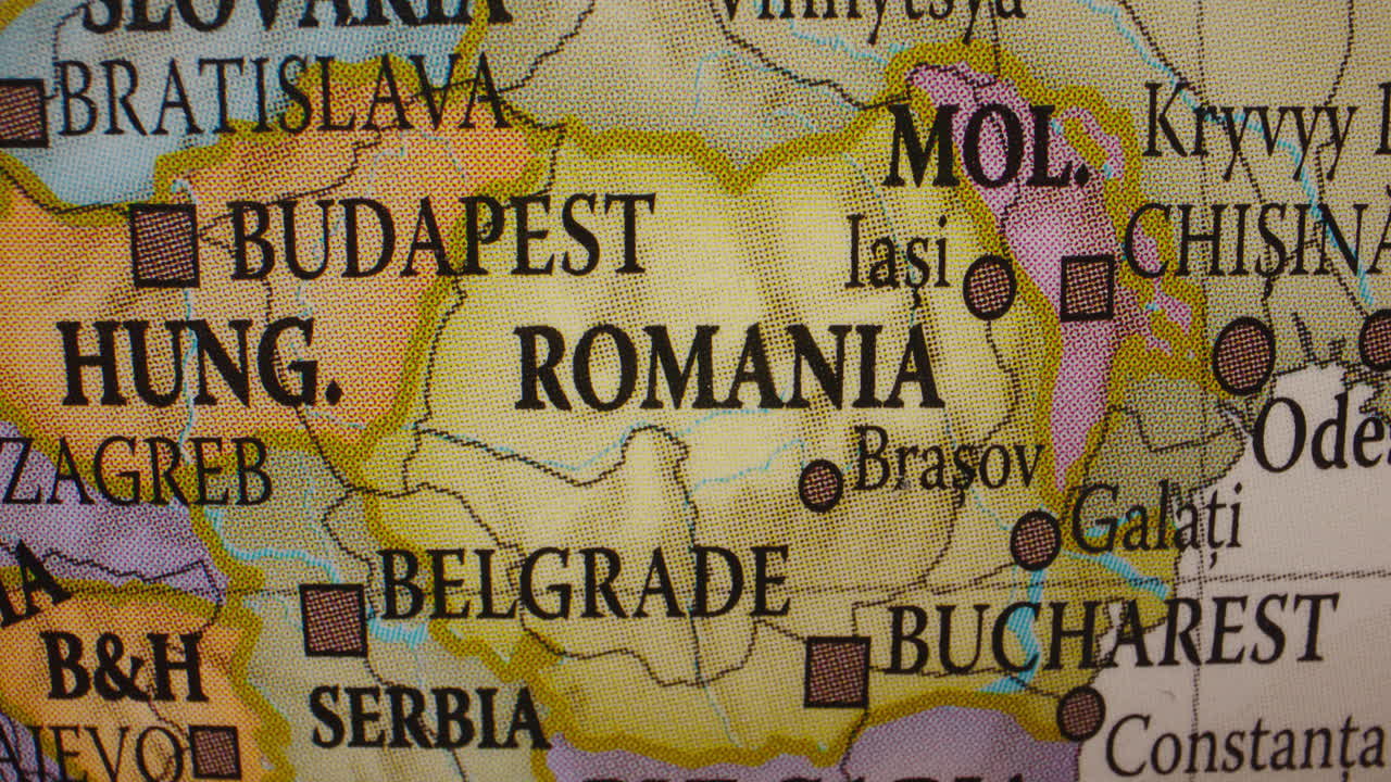 Close-up of a map showing Romania and surrounding Eastern European countries