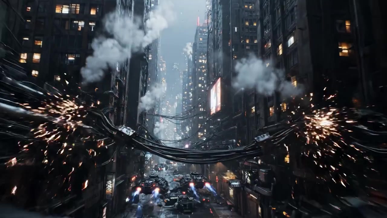Ett mörkt, futuristiskt stadslandskap som visar höga skyskrapor, täta ledningar och neonljus i en dystopisk stadsmiljö, vilket fångar essensen av cyberpunk-estetik.