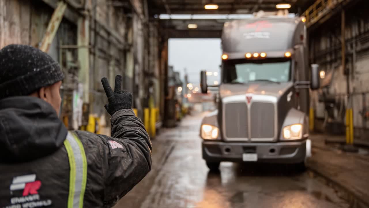 A diligent worker signals to a departing truck amidst a rainy industrial setting, showcasing teamwork and safety protocols in a busy cargo environment
