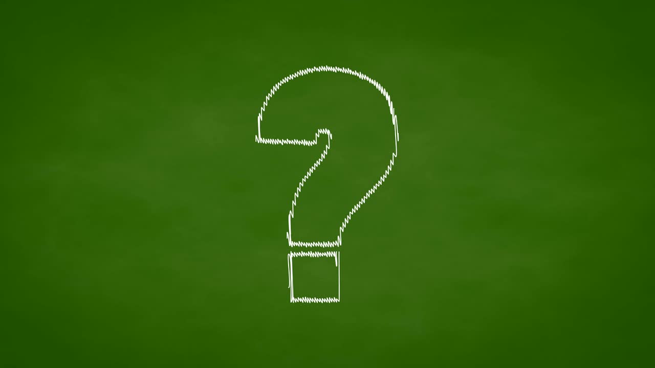 animación de signos de pregunta, estilo de boceto de tiza en tablero de tiza verde, concepto de confusión