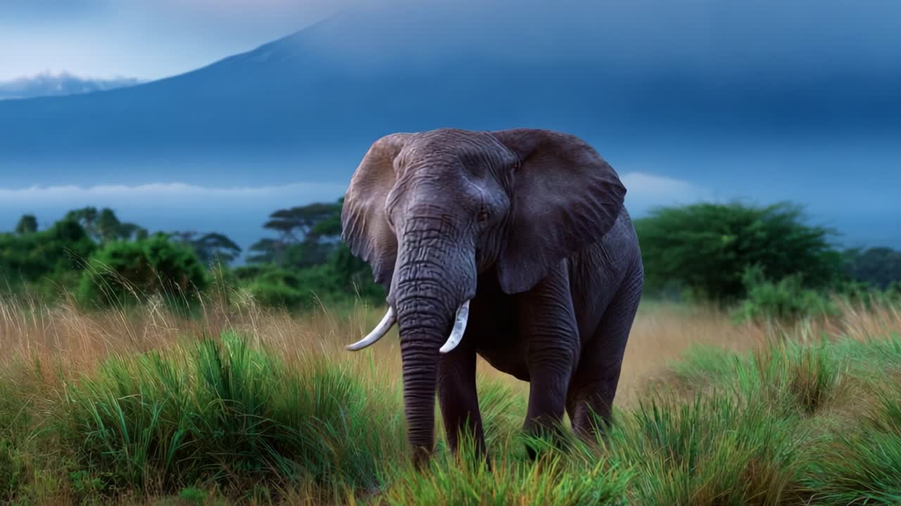 Majestic Elephant Wandering Through Lush Grasslands Under a Dramatic Sky, Capturing Nature's Beauty and the Essence of Wildlife in Stunning Peaceful Surroundings