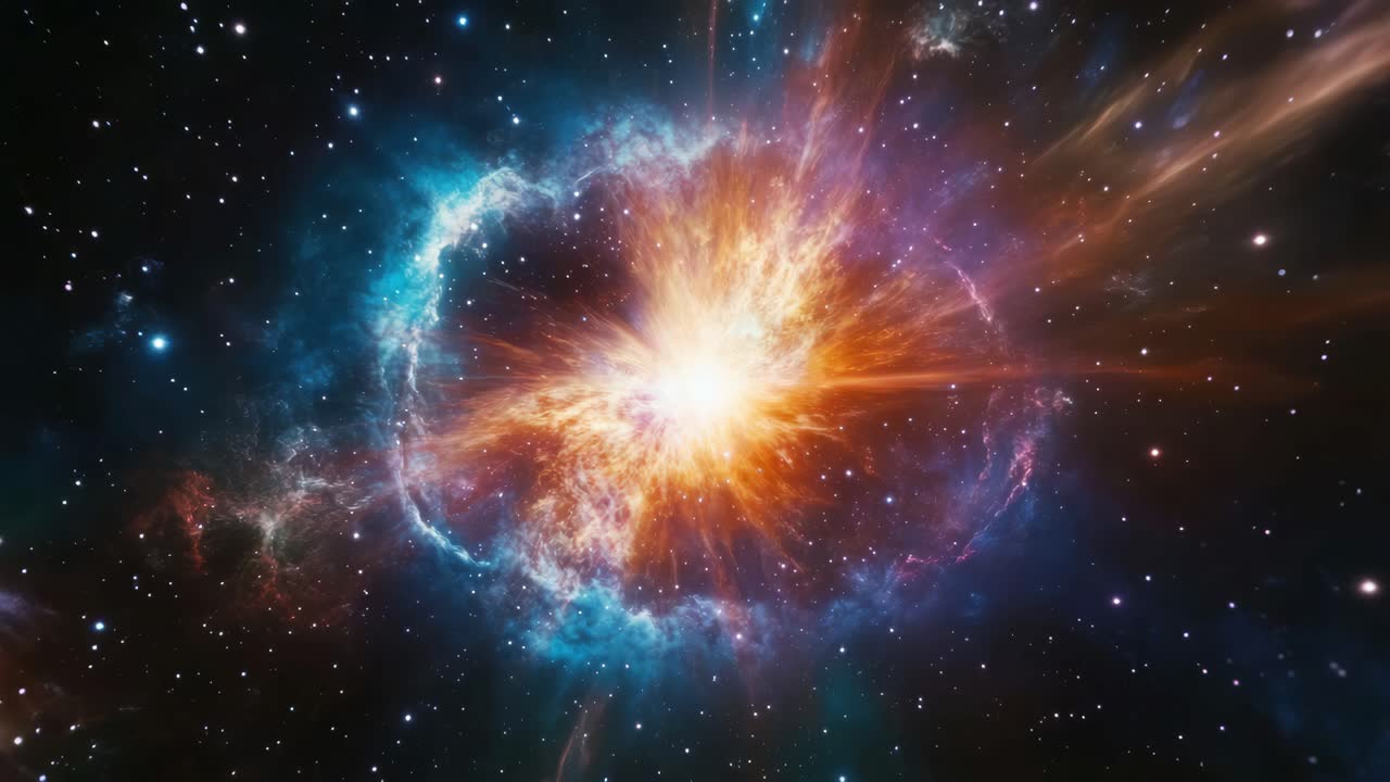 A cosmic explosion in deep space, captured from a wide-angle perspective