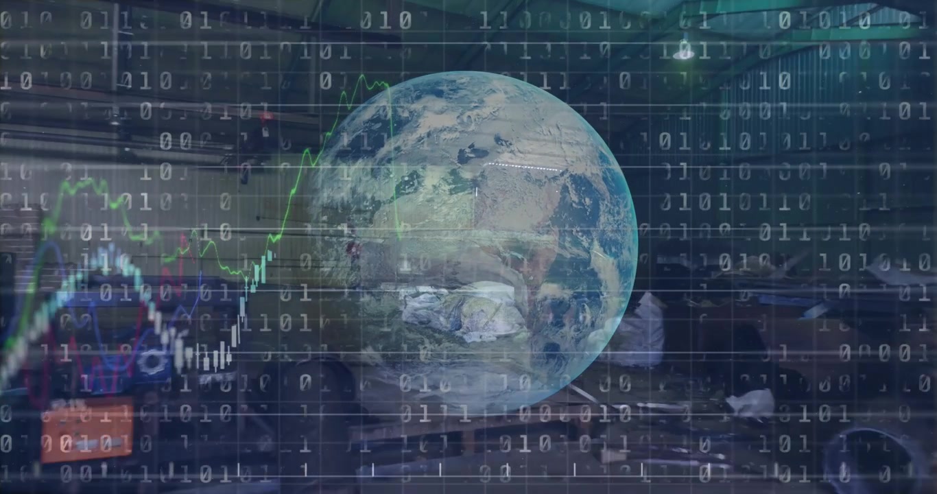 Animation of data processing and globe over rubbish dump