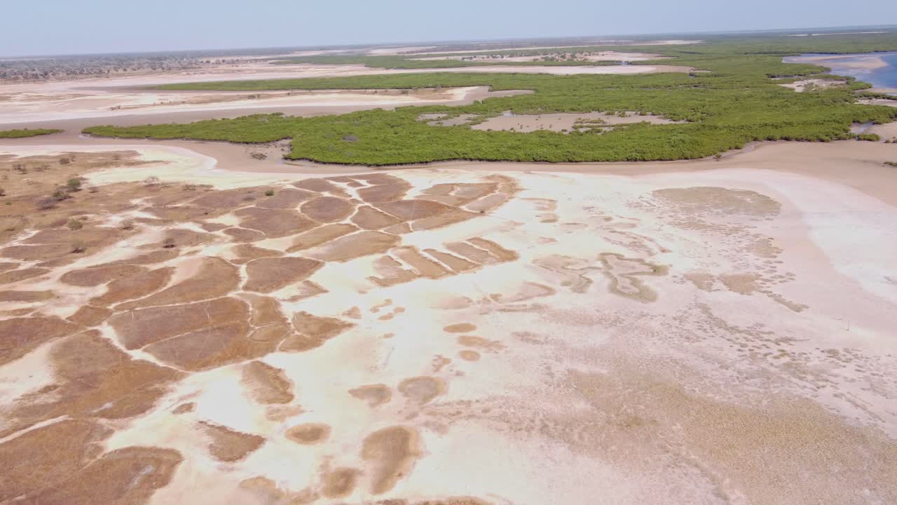 Desert meets the coastal mangroves of Senegal. Aerial dolly in