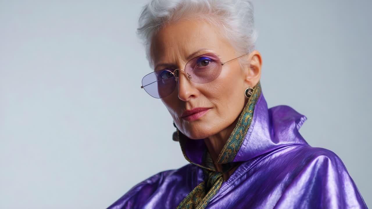 Un'elegante donna anziana con un vivace cappotto viola e occhiali da sole, che mette in mostra eleganza e sicurezza di sé mentre posa su uno sfondo minimalista