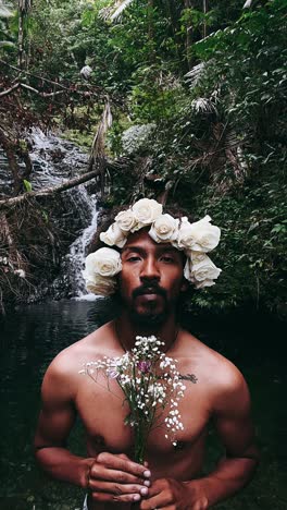 man with flowers crown in the nature