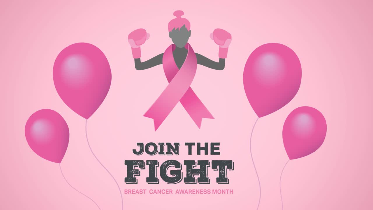 분홍색 리본 로고와 유방암 텍스트 위에 날아다니는 분홍색 풍선의 애니메이션