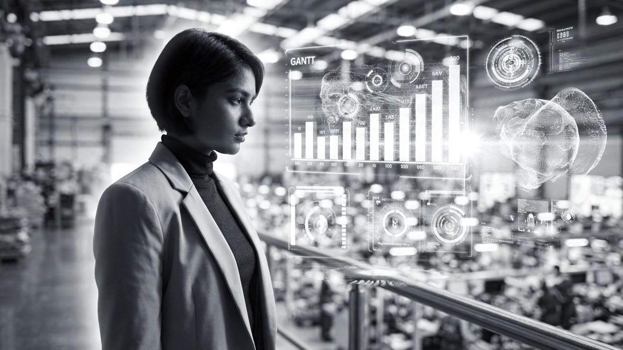 A Focused Professional Analyzes Data Analytics in a High-Tech Manufacturing Environment, Showcasing Modern Visualization Techniques and Insights for Decision-Making.