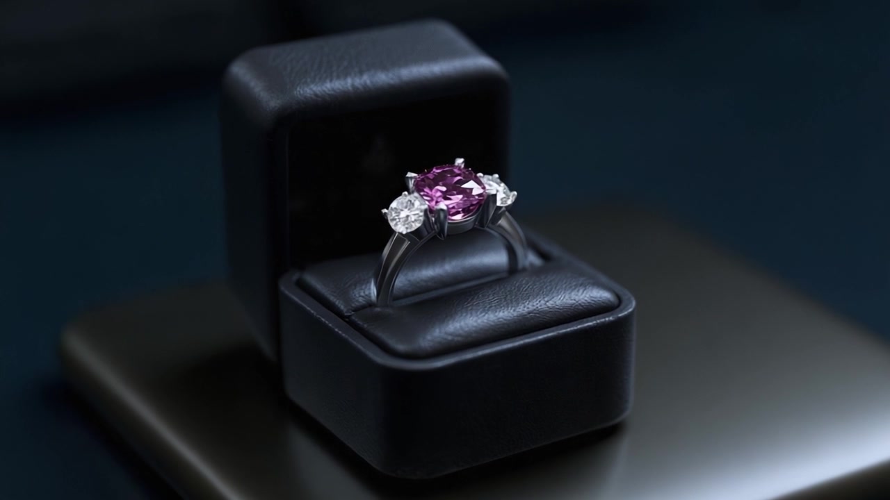 A Stunning Close-Up of a Beautiful Gemstone Ring Featuring a Vibrant Purple Centerstone Accompanied by Elegant Side Diamonds, Perfect for Any Special Occasion