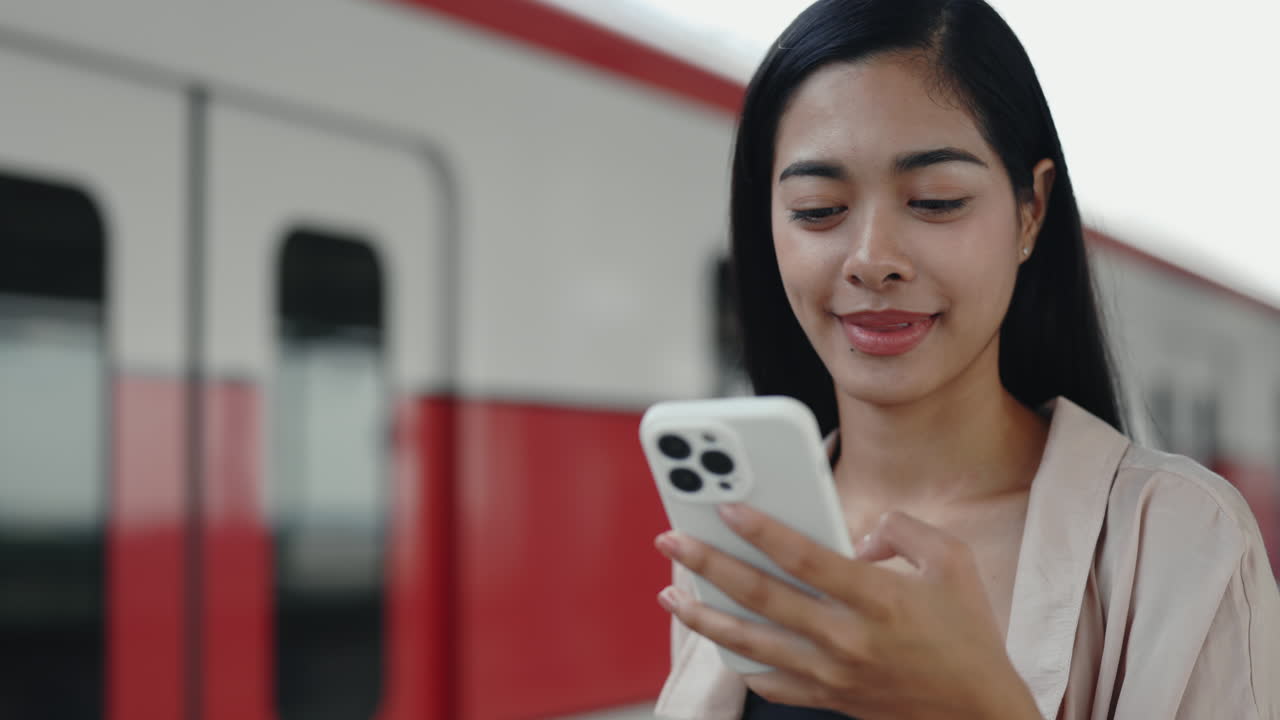 A woman using a phone at a train station