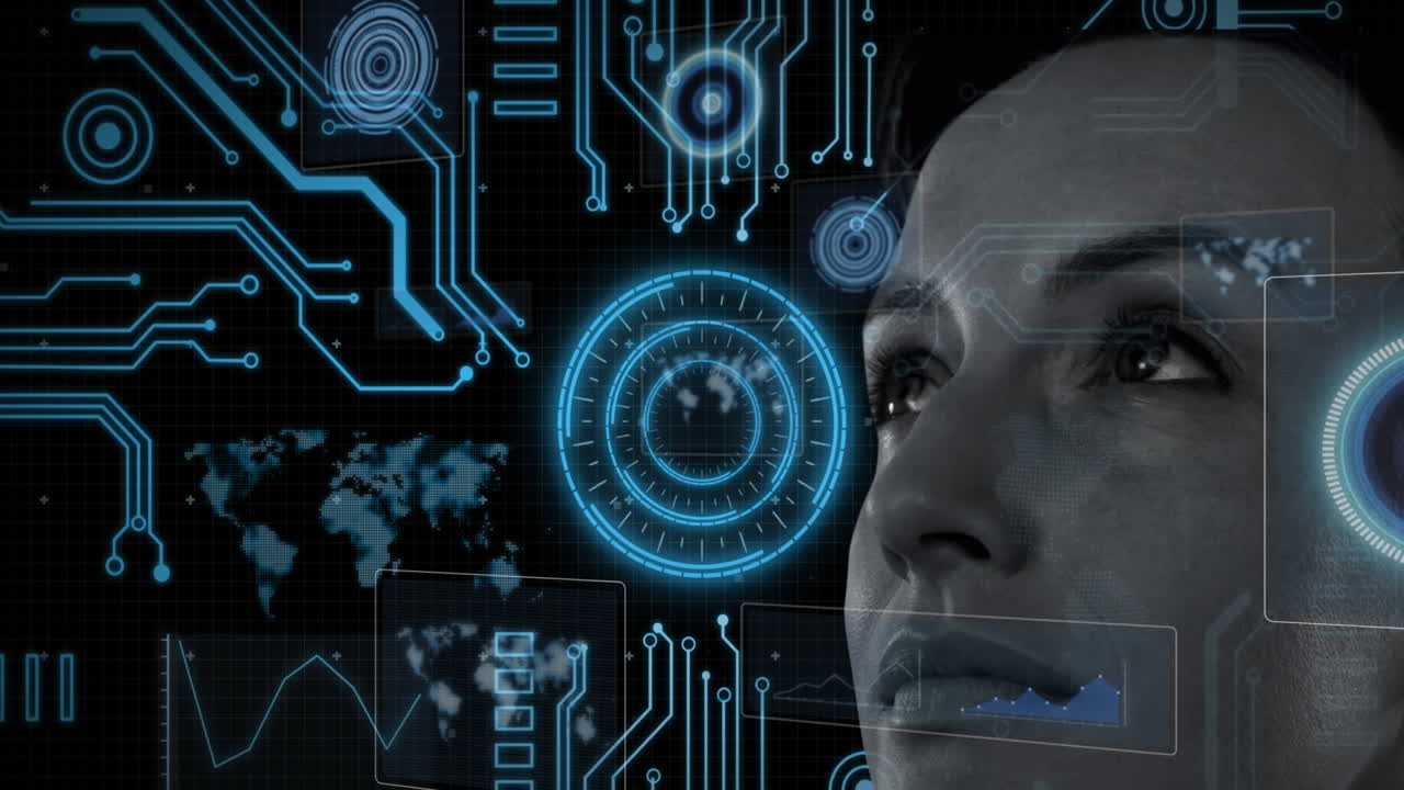 Animation of digital interface with data processing over woman's face