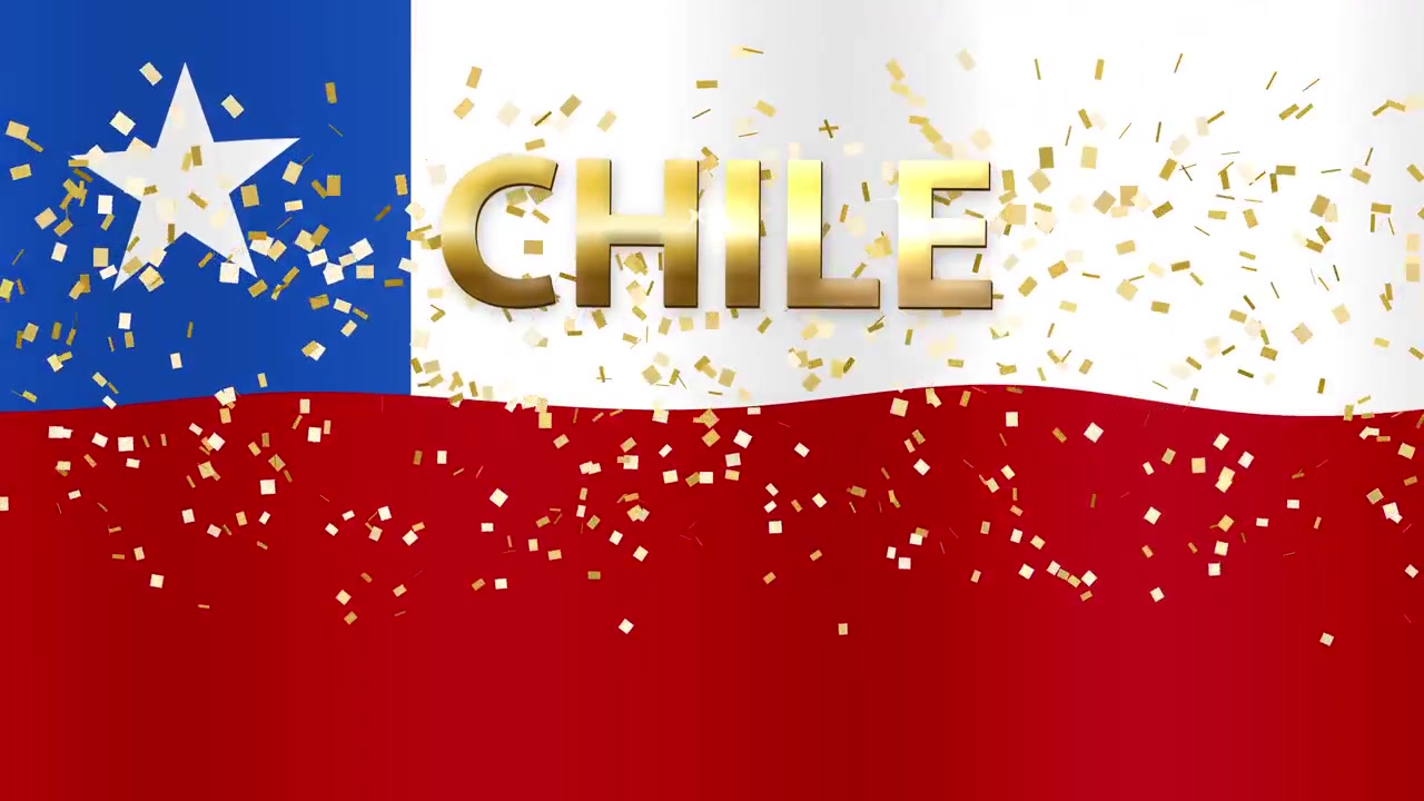 Bandera chilena animada ondea detrás de texto 3D dorado y partículas de purpurina cayendo en bucle.