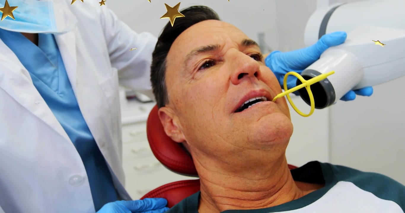Female dentist placing bite block, aligning X-ray unit for dental imaging as star graphics drift