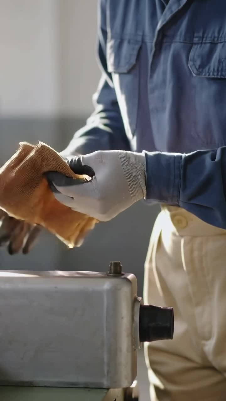 Vertical video: Picking up rag, worker in denim shirt wiping tank on bench, cleaning nozzle area
