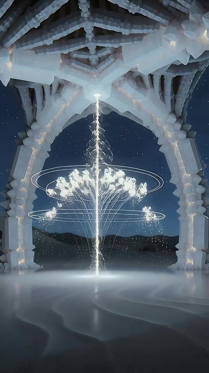 Vertical video: Emerging beam from pool in dunes forming crown sending roots under sky