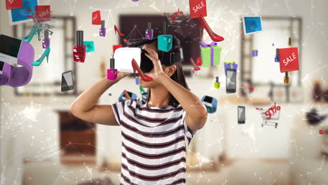mujer usando auriculares de realidad virtual con iconos de venta generados digitalmente 4k