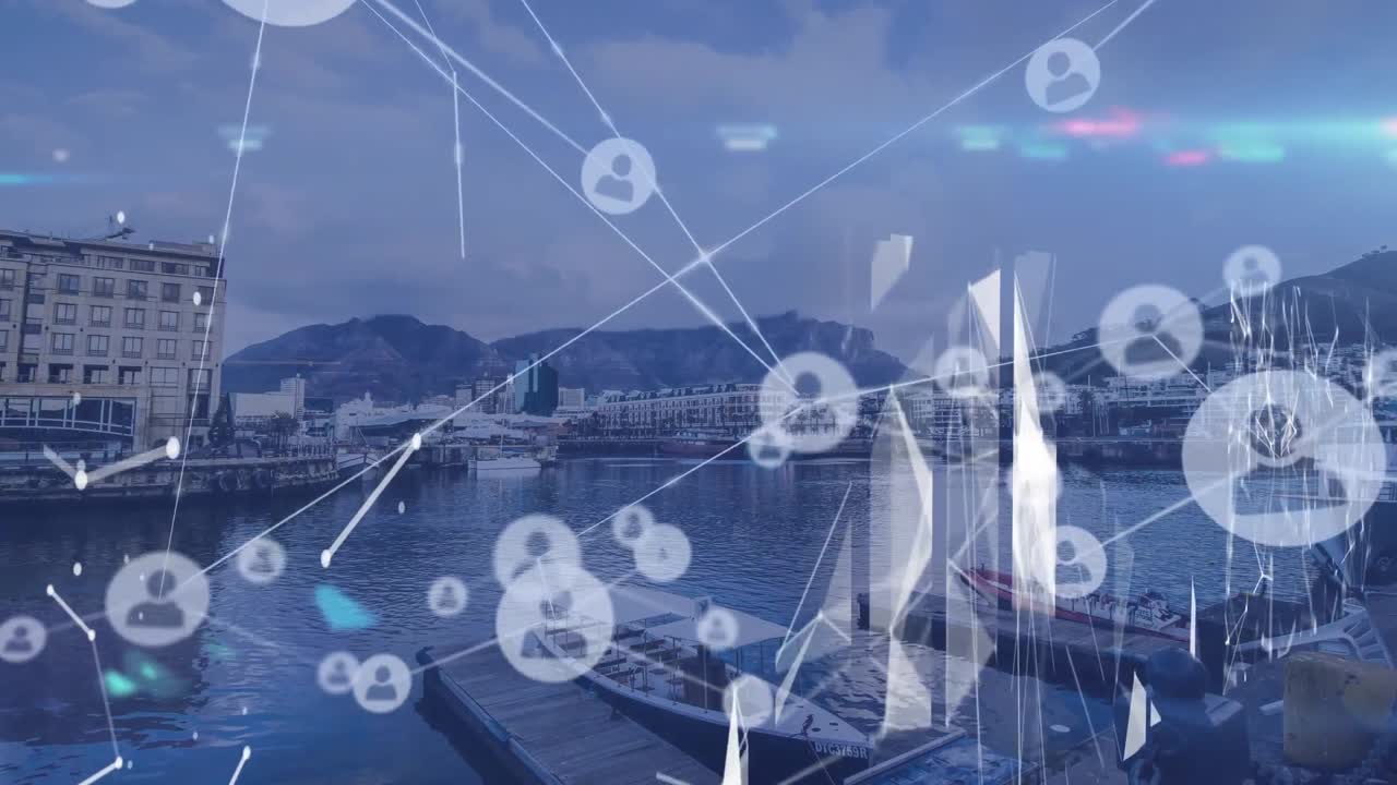 데이터 처리, 도시 풍경 및 연결의 애니메이션