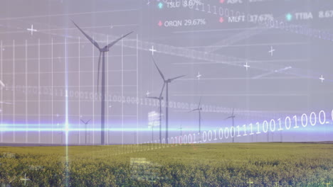 animation of statistical, stock market data processing over spinning windmills on grassland