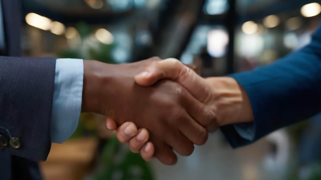 A Warm Professional Handshake Signifying Agreement and Trust Between Two Individuals in a Modern Business Environment with a Blurred Background