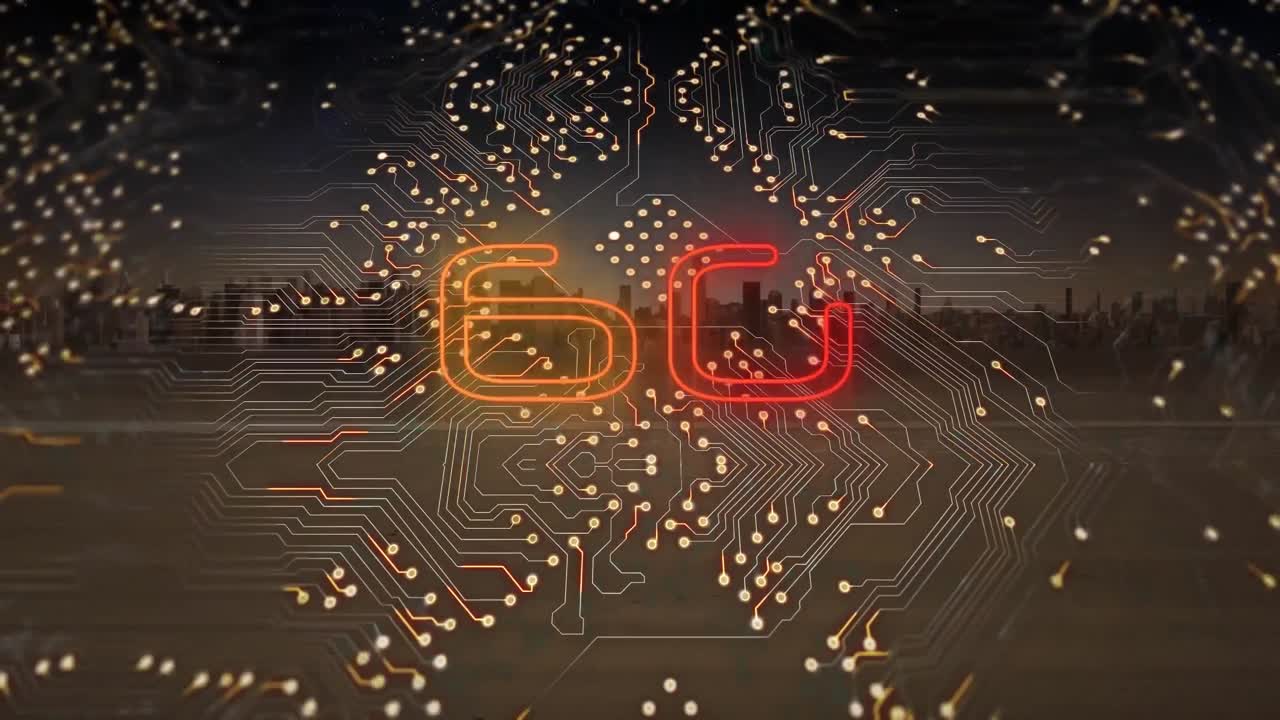 animación de texto 6g, paisaje urbano y conexiones