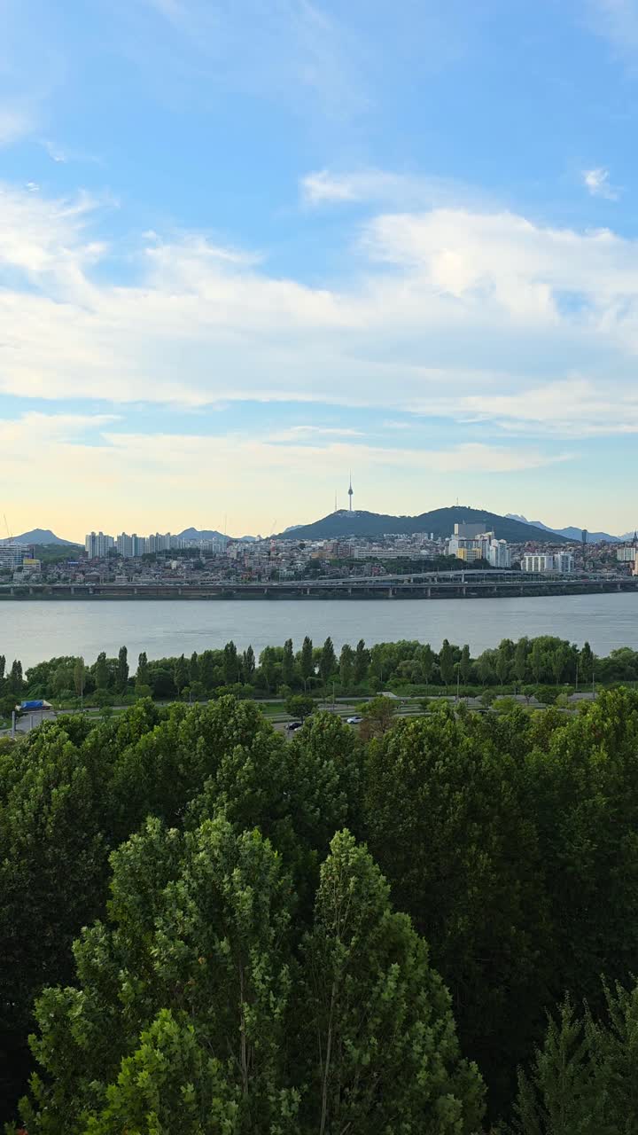 Aerial vertical panorama captures vibrant Hangang Park greenery with N Seoul Tower and mountain backdrop under blue summer skies
