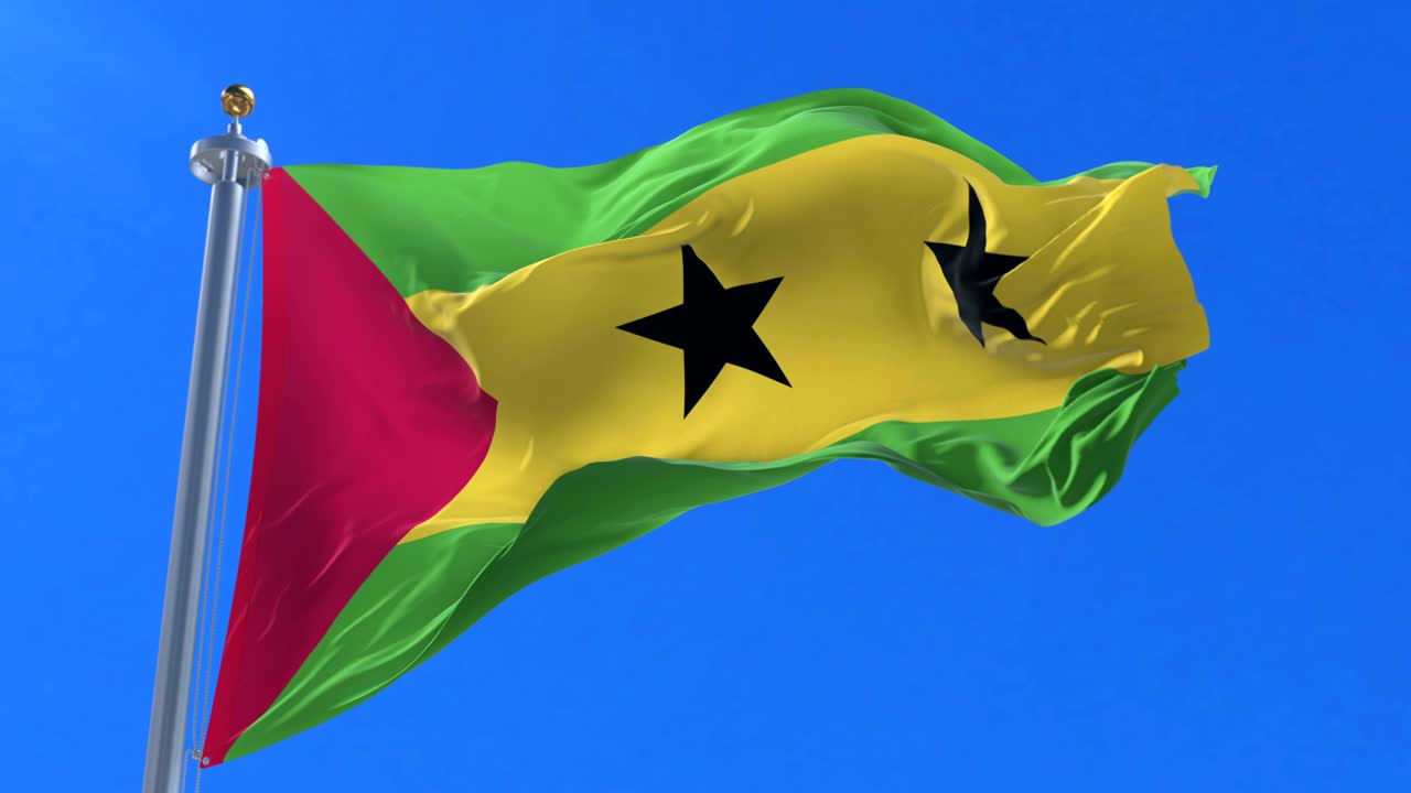 Bandiera di São Tomé e Príncipe che sventola al vento al rallentatore con cielo blu, in loop.