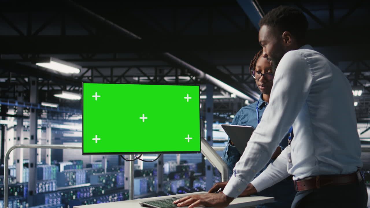 Server room coworkers doing brainstorming, using chroma key device