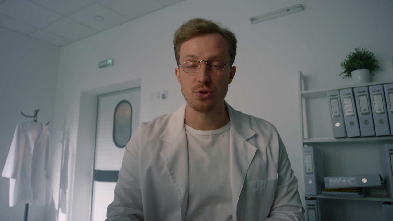 Physician finishing online consulting in hospital pov video. Therapist working.