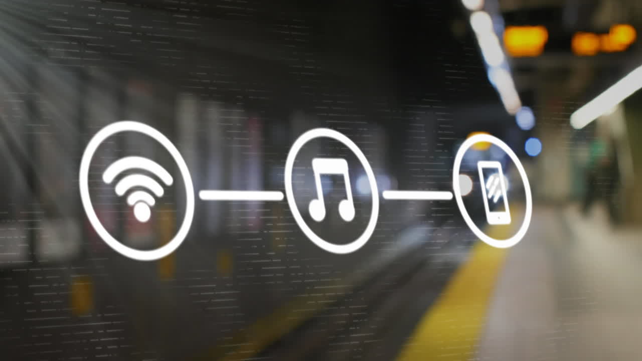 Animazione di tre icone digitali che fluttuano sopra un treno