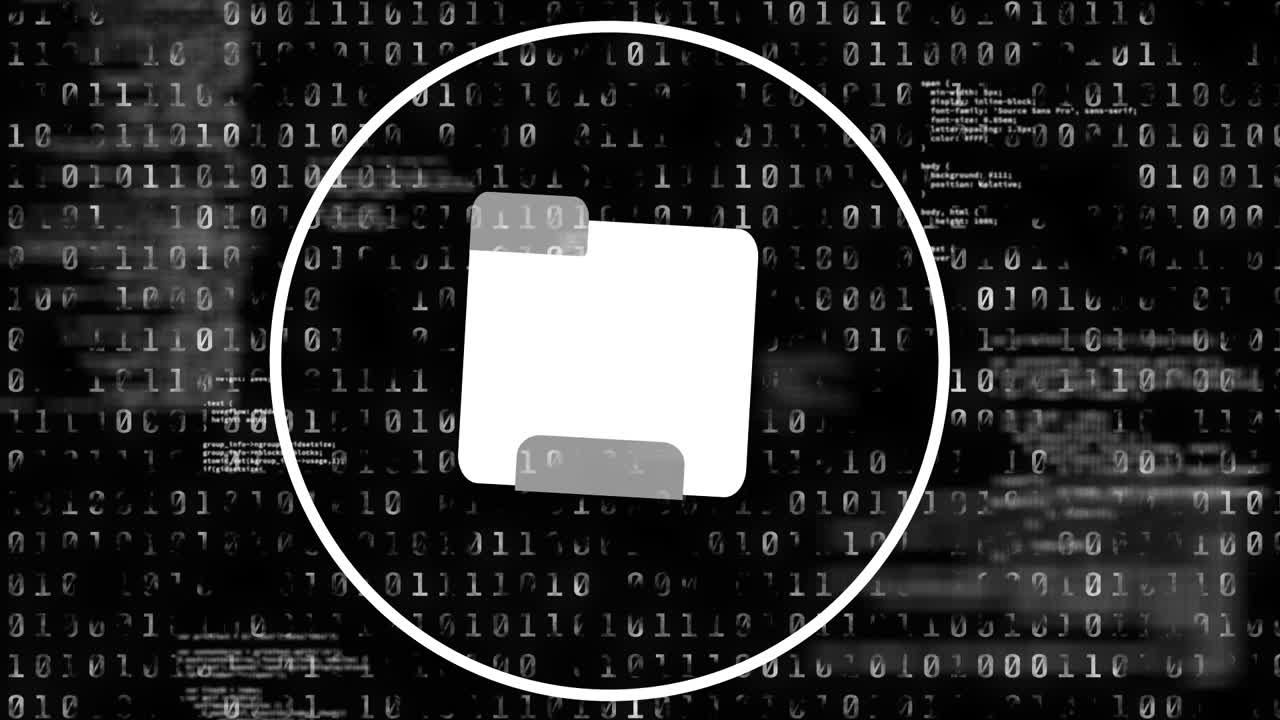 animación del icono del archivo digital, codificación binaria y procesamiento de datos