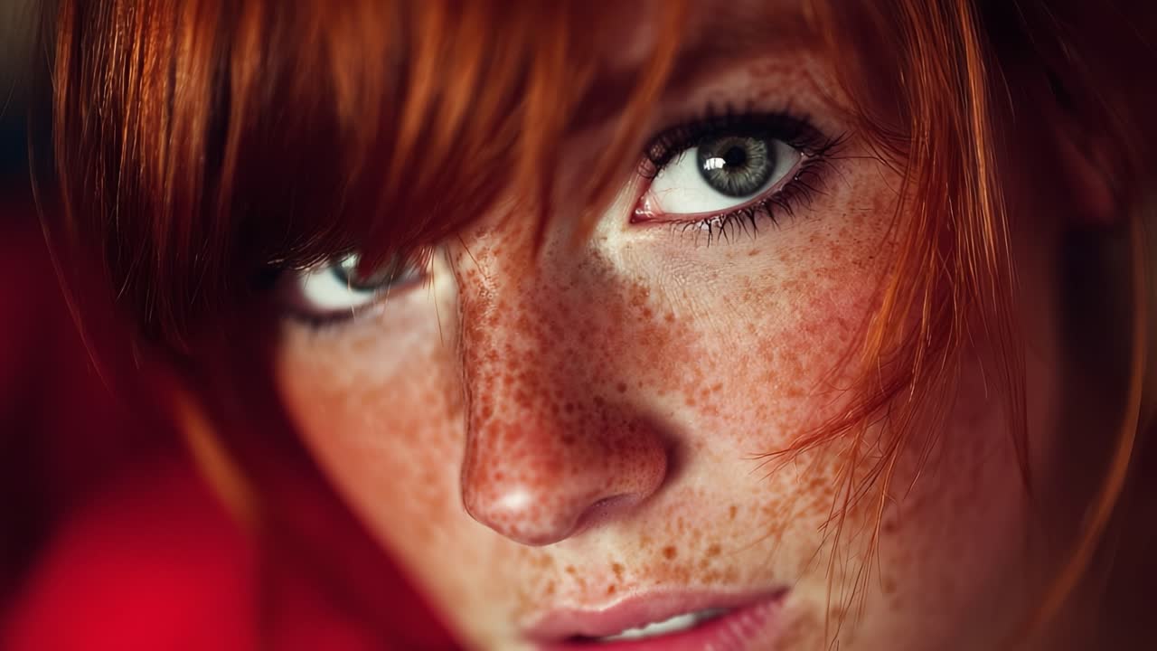 Captivating Close-up Portrait of a Young Woman with Freckles and Red Hair, Showcasing Depth and Intensity in Her Striking Blue Eyes