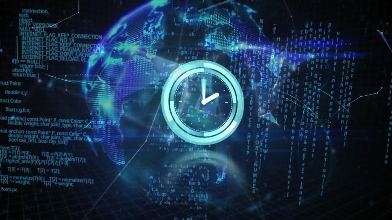 Animazione di orologio che ticchetta ed elaborazione dati su globo di reti plexus su sfondo blu