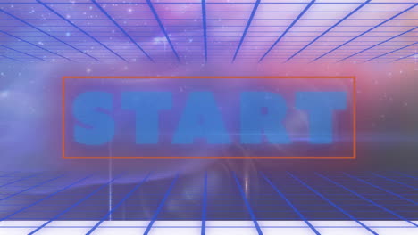 animation of start text in blue neon letters over grid and blue to purple universe