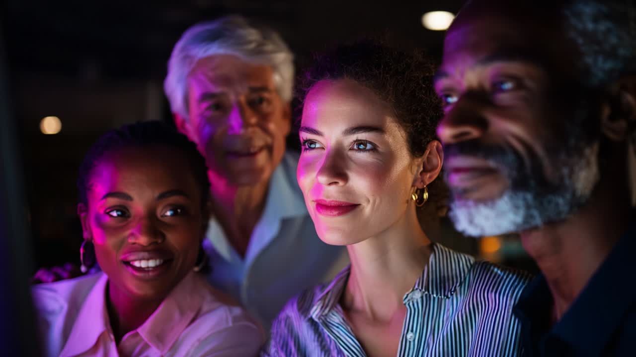 Un gruppo eterogeneo di quattro persone interagisce con uno schermo digitale, mostrando espressioni di curiosità e interesse, illuminate da vivaci luci viola e blu per un'atmosfera accattivante