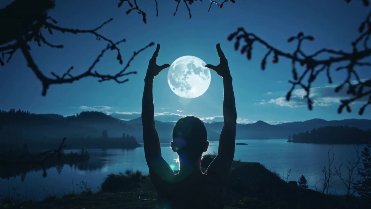 Luna piena che sorge, con una persona in silhouette in canottiera e con chignon che incornicia e culla la luna sopra un lago.