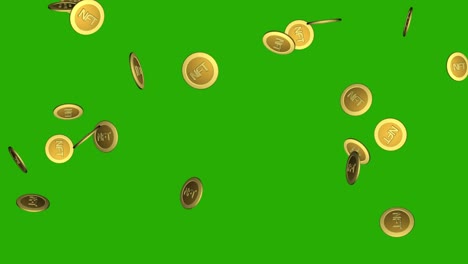 animación de dinero con monedas ntf token. monedas de oro nft cayendo hacia abajo y rotación en pantalla verde. token 3d no reembolsable. nft criptomonedas monedas de oro cayendo. concepto de negocio. 4k. canal alfa