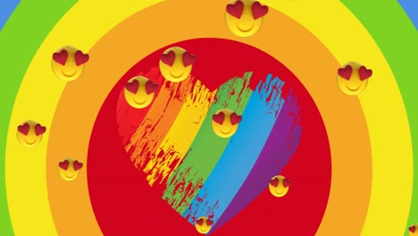 Animation-Von-Emoji-Symbolen-über-Herz-Auf-Regenbogenhintergrund