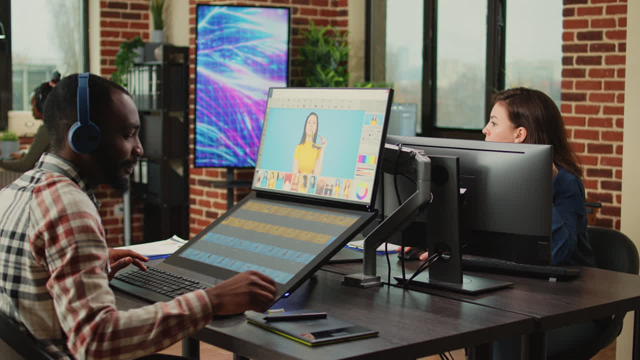 Young content creator retouching photos with color grading