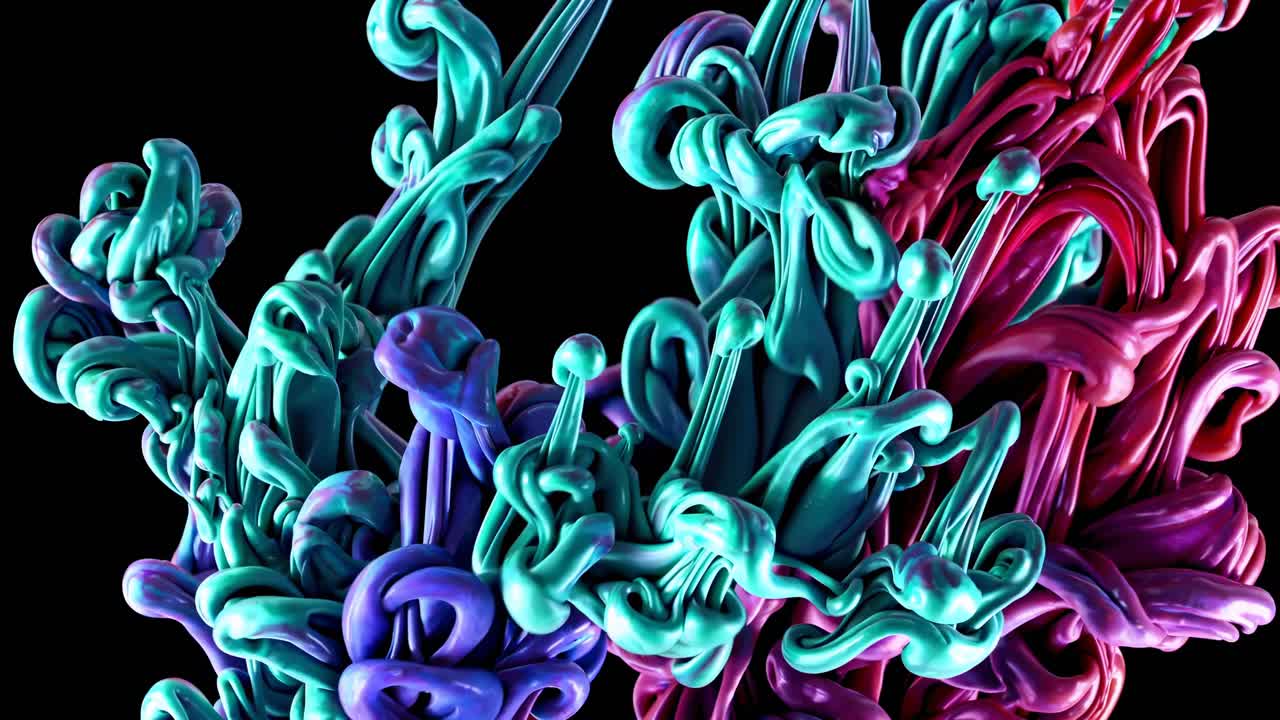 Vibrant 3D abstract shapes in teal and magenta intertwine against a black background