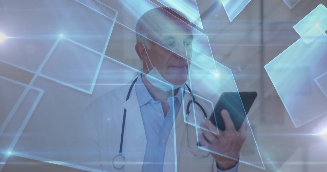 Médico experimentado tocando la pantalla de una tablet, mientras cuadrados azules se materializan y muestran historiales médicos.