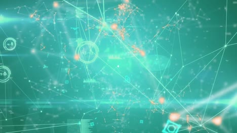 Animation-of-network-of-connections-with-icons-and-data-processing-on-green-background