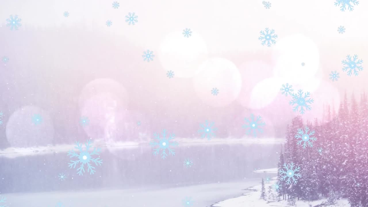 Animation of snowflakes falling over fir trees and winter landscape